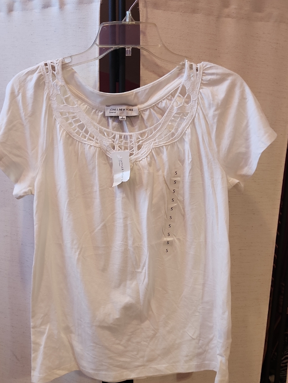 Jones New York White Crochet-Trim Short Sleeve Tee